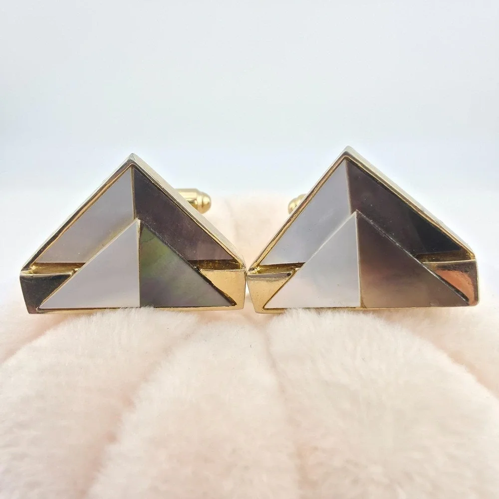 Vtg 75 Yr Old Triangle Cufflinks Geometric Mother Of Pearl Mid-Centur Gold Plate